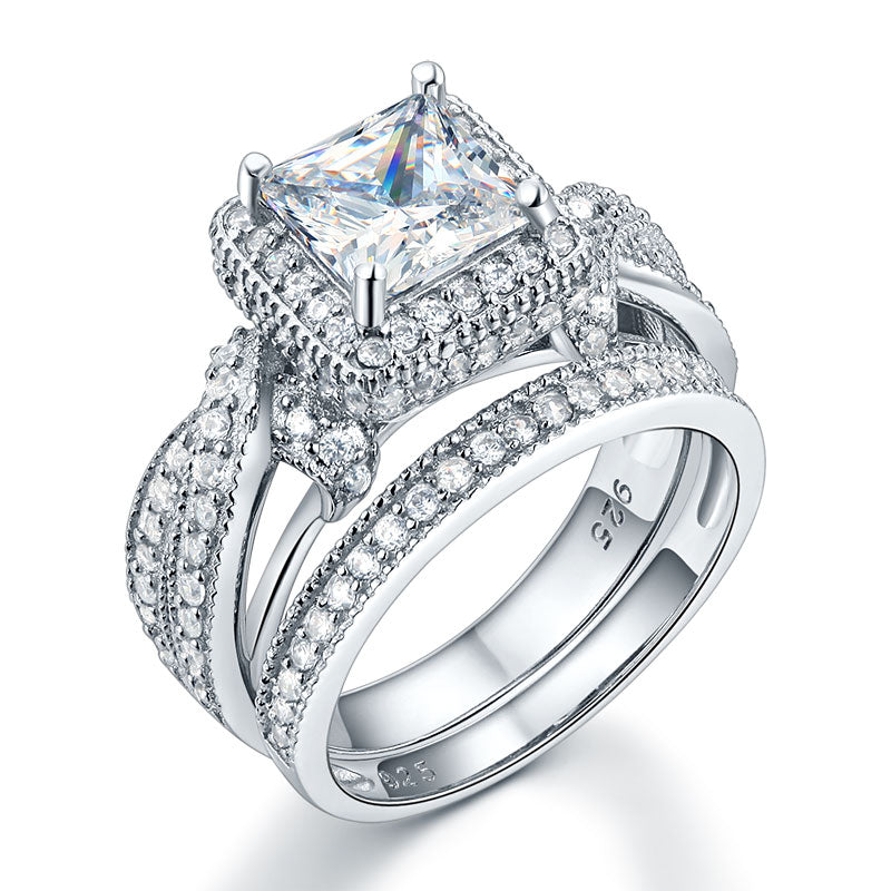 Solid 925 Sterling Silver Wedding Anniversary Engagement Ring Set Vintage Style Princess