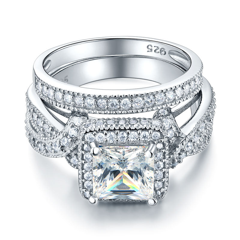 Solid 925 Sterling Silver Wedding Anniversary Engagement Ring Set Vintage Style Princess