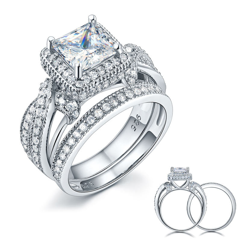 Solid 925 Sterling Silver Wedding Anniversary Engagement Ring Set Vintage Princess | SelinJewels