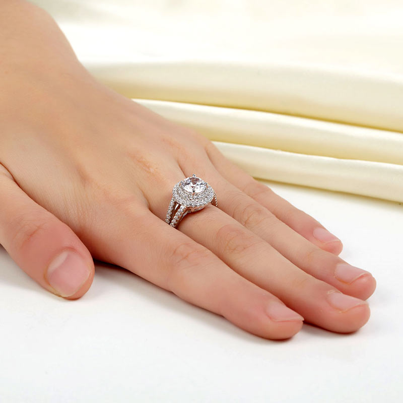 Double Halo 925 Sterling Silver Ring Simulated Diamond - View 5 | SelinJewels