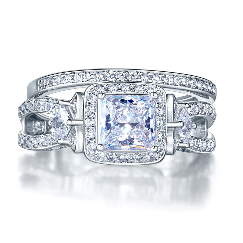Princess Cut Wedding Engagement Ring Set - View 3 | SelinJewels