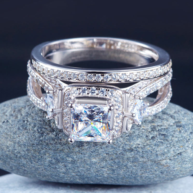 Princess Cut 925 Sterling Silver Wedding Engagement Ring Set Anniversary