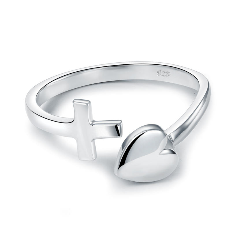 Plain Solid 925 Sterling Silver Ring Cross Heart for Lady Trendy Stylish