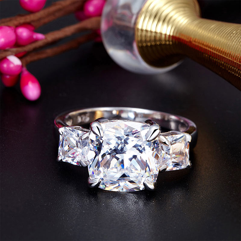 Cushion Cut 4 Carat Solid 925 Sterling Silver Ring Three-Stone Pageant Luxury Jewelry