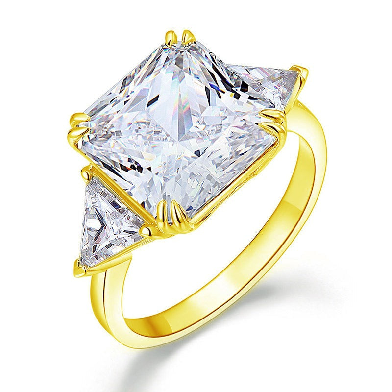 Solid 925 Sterling Silver Three-Stone Luxury Ring 8 Carat Simulated Diamond Yellow Gold Plated | SelinJewels
