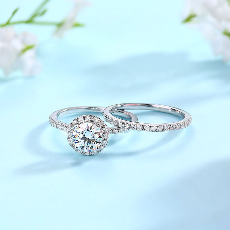 1 Carat Moissanite Diamond Halo Ring Set 925 Sterling Silver