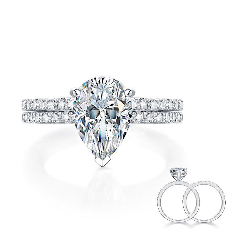 2 Carat Pear Cut Moissanite Diamond Ring Set 925 Sterling Silver | SelinJewels