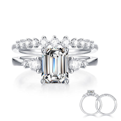 2 Carat Emerald Cut Moissanite Diamond Ring Set 925 Sterling Silver